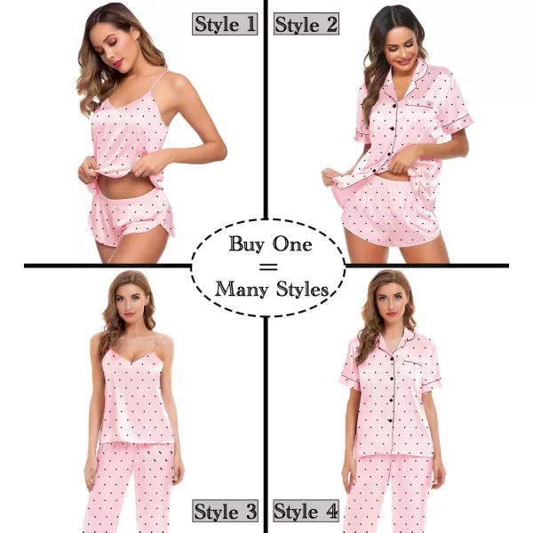 SWOMOG Womens Silk Satin Pajamas Sets 4pcs Sleepwear Sexy Cami Shorts Set and Button Down Short Sleeve Pjs LoungewearPink Dots