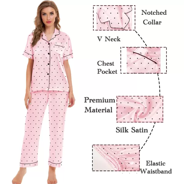 SWOMOG Womens Silk Satin Pajamas Sets 4pcs Sleepwear Sexy Cami Shorts Set and Button Down Short Sleeve Pjs LoungewearPink Dots