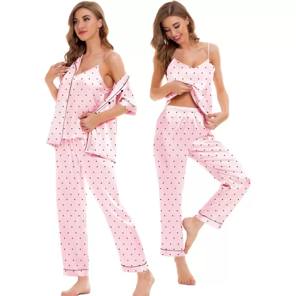 SWOMOG Womens Silk Satin Pajamas Sets 4pcs Sleepwear Sexy Cami Shorts Set and Button Down Short Sleeve Pjs LoungewearPink Dots