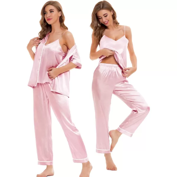 SWOMOG Womens Silk Satin Pajamas Sets 4pcs Sleepwear Sexy Cami Shorts Set and Button Down Short Sleeve Pjs LoungewearPink White Piping