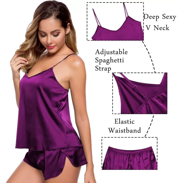 SWOMOG Womens Silk Satin Pajamas Sets 4pcs Sleepwear Sexy Cami Shorts Set and Button Down Short Sleeve Pjs LoungewearPurple