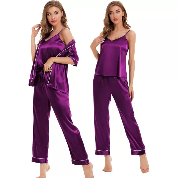 SWOMOG Womens Silk Satin Pajamas Sets 4pcs Sleepwear Sexy Cami Shorts Set and Button Down Short Sleeve Pjs LoungewearPurple