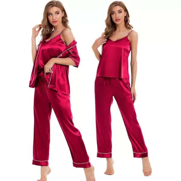 SWOMOG Womens Silk Satin Pajamas Sets 4pcs Sleepwear Sexy Cami Shorts Set and Button Down Short Sleeve Pjs LoungewearRed