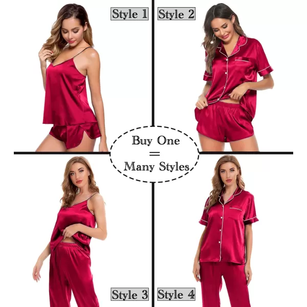 SWOMOG Womens Silk Satin Pajamas Sets 4pcs Sleepwear Sexy Cami Shorts Set and Button Down Short Sleeve Pjs LoungewearRed