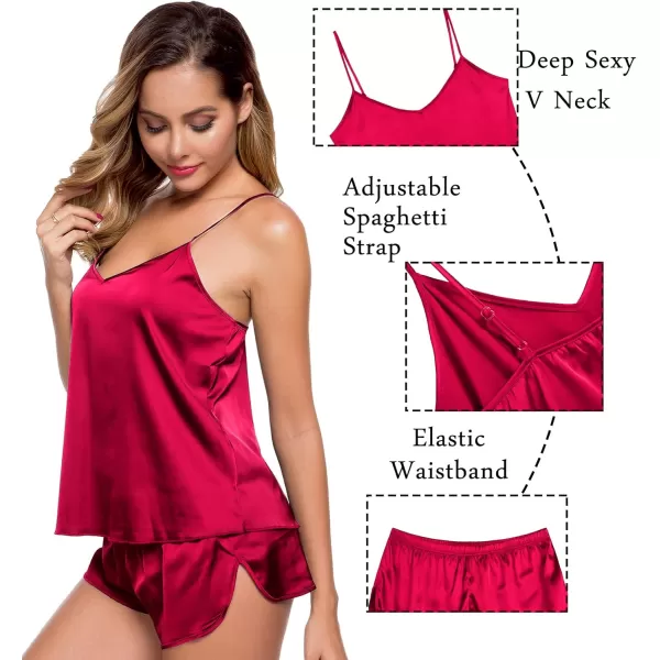 SWOMOG Womens Silk Satin Pajamas Sets 4pcs Sleepwear Sexy Cami Shorts Set and Button Down Short Sleeve Pjs LoungewearRed