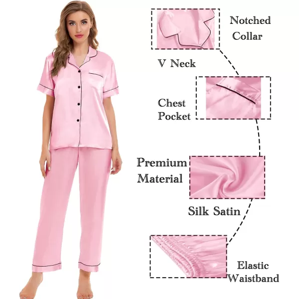SWOMOG Womens Silk Satin Pajamas Sets 4pcs Sleepwear Sexy Cami Shorts Set and Button Down Short Sleeve Pjs LoungewearRose Pink
