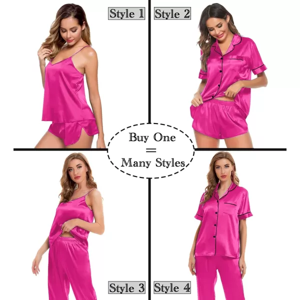 SWOMOG Womens Silk Satin Pajamas Sets 4pcs Sleepwear Sexy Cami Shorts Set and Button Down Short Sleeve Pjs LoungewearRose Red With Black Piping