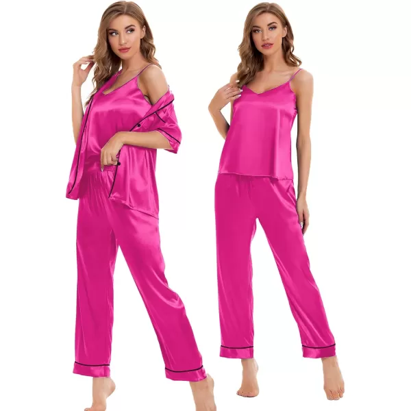 SWOMOG Womens Silk Satin Pajamas Sets 4pcs Sleepwear Sexy Cami Shorts Set and Button Down Short Sleeve Pjs LoungewearRose Red With Black Piping