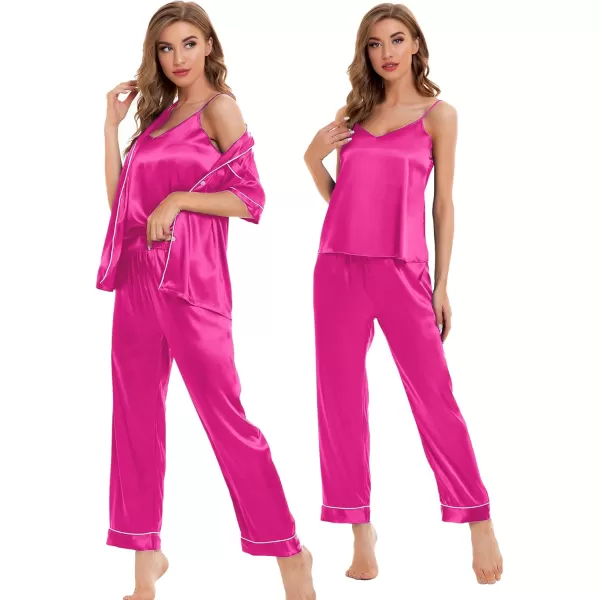 SWOMOG Womens Silk Satin Pajamas Sets 4pcs Sleepwear Sexy Cami Shorts Set and Button Down Short Sleeve Pjs LoungewearRose Red With White Piping