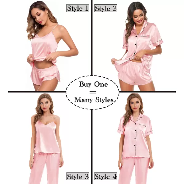 SWOMOG Womens Silk Satin Pajamas Sets 4pcs Sleepwear Sexy Cami Shorts Set and Button Down Short Sleeve Pjs LoungewearSakura Pink