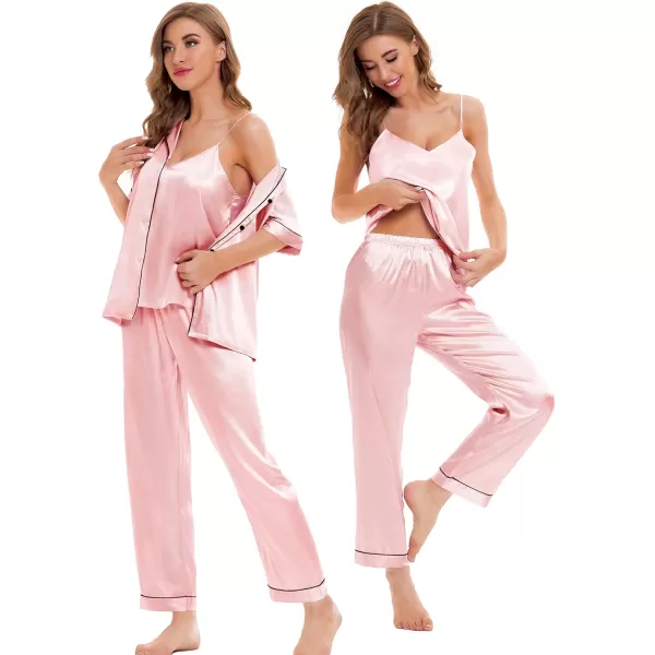 SWOMOG Womens Silk Satin Pajamas Sets 4pcs Sleepwear Sexy Cami Shorts Set and Button Down Short Sleeve Pjs LoungewearSakura Pink