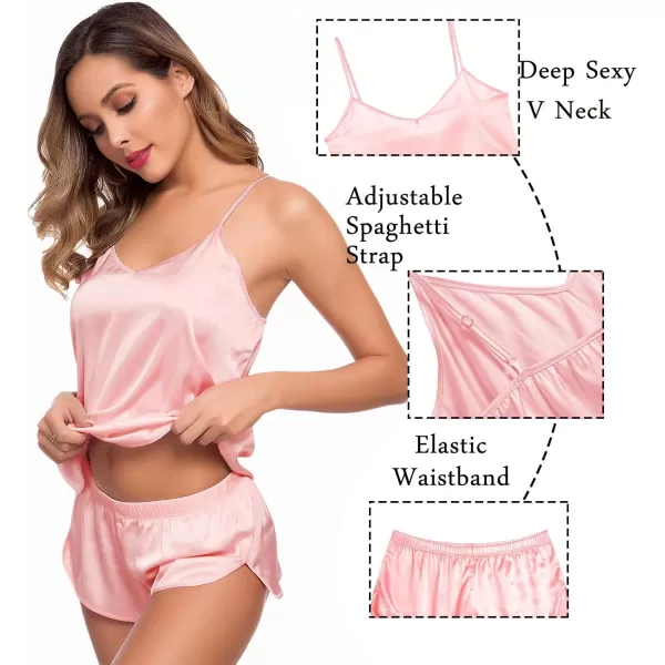 SWOMOG Womens Silk Satin Pajamas Sets 4pcs Sleepwear Sexy Cami Shorts Set and Button Down Short Sleeve Pjs LoungewearSakura Pink