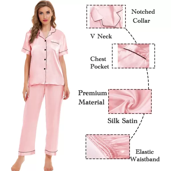 SWOMOG Womens Silk Satin Pajamas Sets 4pcs Sleepwear Sexy Cami Shorts Set and Button Down Short Sleeve Pjs LoungewearSakura Pink