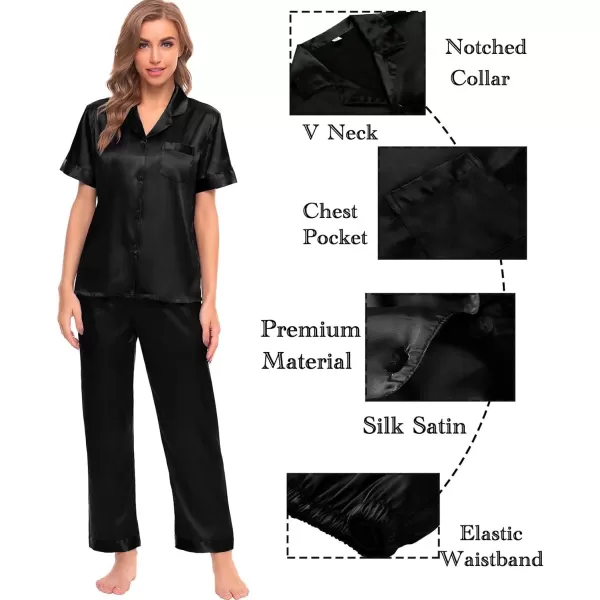 SWOMOG Womens Silk Satin Pajamas Sets 4pcs Sleepwear Sexy Cami Shorts Set and Button Down Short Sleeve Pjs LoungewearSolid Color Black