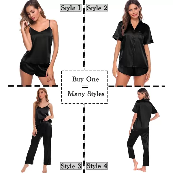 SWOMOG Womens Silk Satin Pajamas Sets 4pcs Sleepwear Sexy Cami Shorts Set and Button Down Short Sleeve Pjs LoungewearSolid Color Black