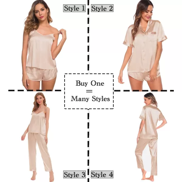 SWOMOG Womens Silk Satin Pajamas Sets 4pcs Sleepwear Sexy Cami Shorts Set and Button Down Short Sleeve Pjs LoungewearSolid Color Champagne