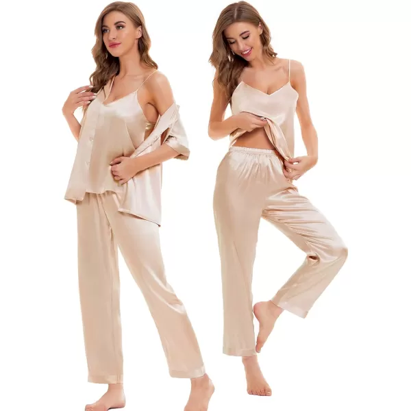 SWOMOG Womens Silk Satin Pajamas Sets 4pcs Sleepwear Sexy Cami Shorts Set and Button Down Short Sleeve Pjs LoungewearSolid Color Champagne