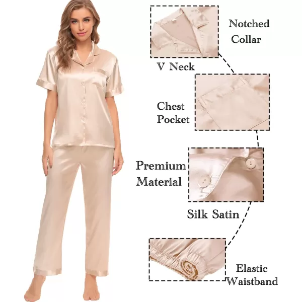 SWOMOG Womens Silk Satin Pajamas Sets 4pcs Sleepwear Sexy Cami Shorts Set and Button Down Short Sleeve Pjs LoungewearSolid Color Champagne