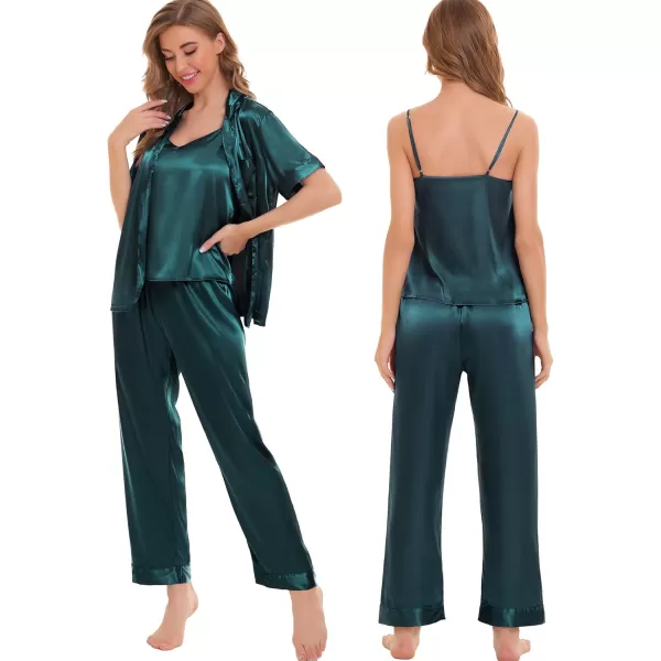 SWOMOG Womens Silk Satin Pajamas Sets 4pcs Sleepwear Sexy Cami Shorts Set and Button Down Short Sleeve Pjs LoungewearSolid Color Deep Green