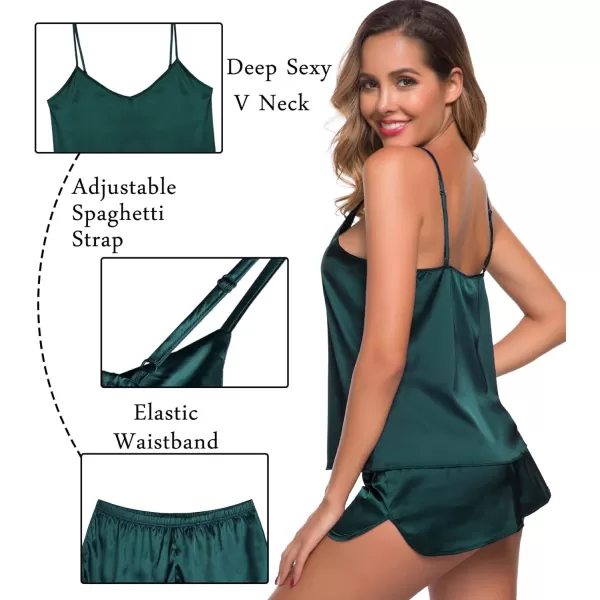 SWOMOG Womens Silk Satin Pajamas Sets 4pcs Sleepwear Sexy Cami Shorts Set and Button Down Short Sleeve Pjs LoungewearSolid Color Deep Green