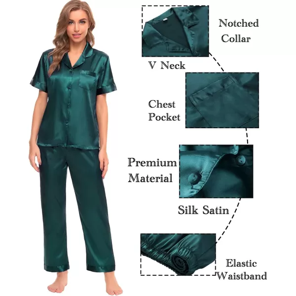 SWOMOG Womens Silk Satin Pajamas Sets 4pcs Sleepwear Sexy Cami Shorts Set and Button Down Short Sleeve Pjs LoungewearSolid Color Deep Green