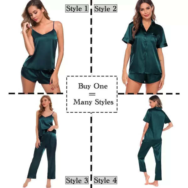 SWOMOG Womens Silk Satin Pajamas Sets 4pcs Sleepwear Sexy Cami Shorts Set and Button Down Short Sleeve Pjs LoungewearSolid Color Deep Green