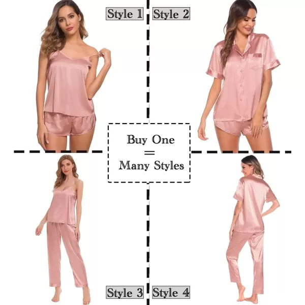 SWOMOG Womens Silk Satin Pajamas Sets 4pcs Sleepwear Sexy Cami Shorts Set and Button Down Short Sleeve Pjs LoungewearSolid Color Gold Pink