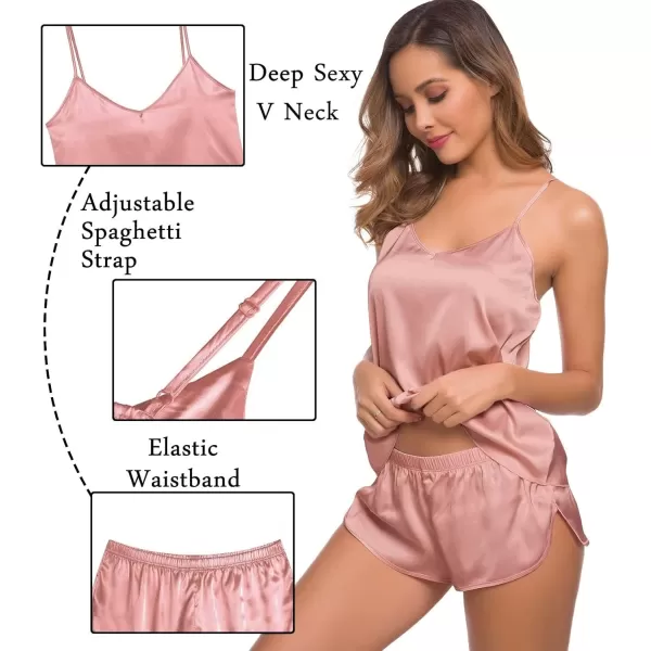 SWOMOG Womens Silk Satin Pajamas Sets 4pcs Sleepwear Sexy Cami Shorts Set and Button Down Short Sleeve Pjs LoungewearSolid Color Gold Pink