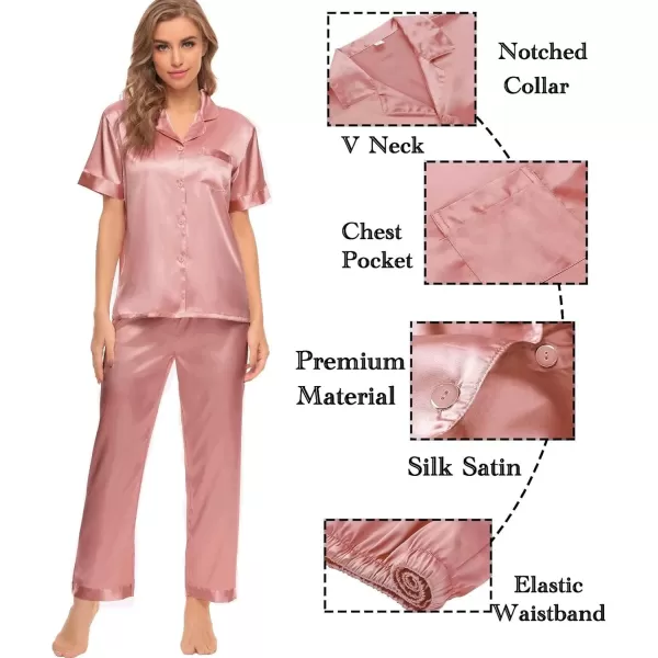 SWOMOG Womens Silk Satin Pajamas Sets 4pcs Sleepwear Sexy Cami Shorts Set and Button Down Short Sleeve Pjs LoungewearSolid Color Gold Pink