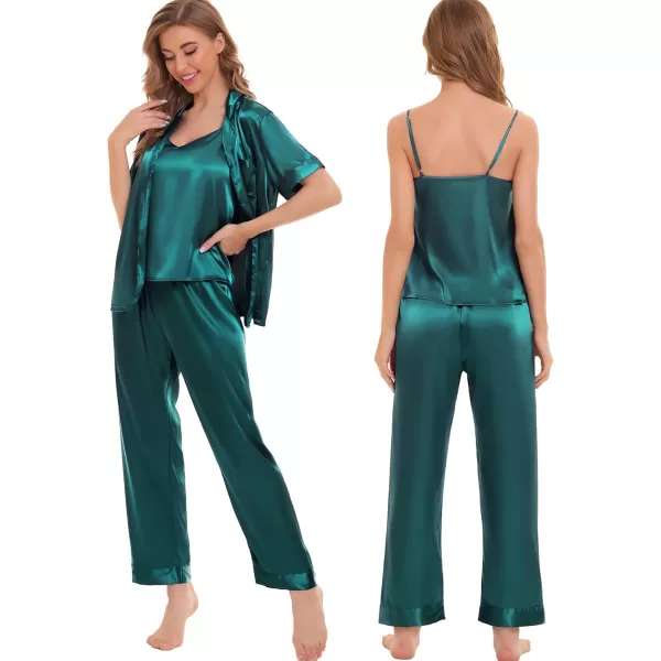 SWOMOG Womens Silk Satin Pajamas Sets 4pcs Sleepwear Sexy Cami Shorts Set and Button Down Short Sleeve Pjs LoungewearSolid Color Green