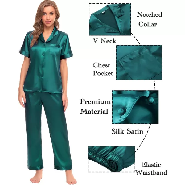 SWOMOG Womens Silk Satin Pajamas Sets 4pcs Sleepwear Sexy Cami Shorts Set and Button Down Short Sleeve Pjs LoungewearSolid Color Green