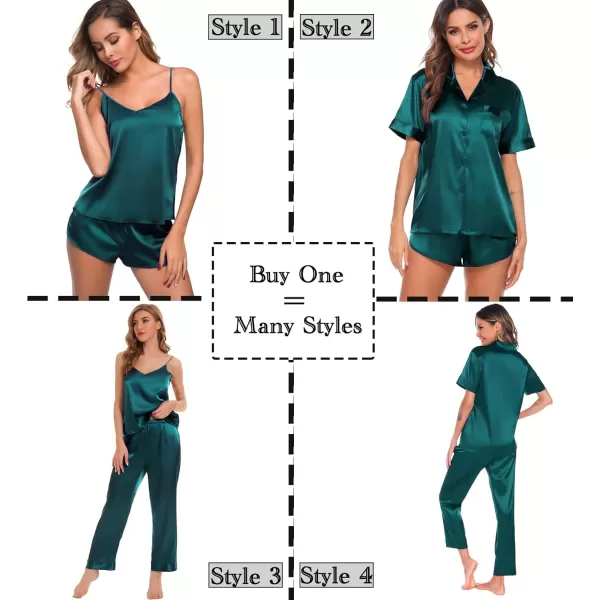 SWOMOG Womens Silk Satin Pajamas Sets 4pcs Sleepwear Sexy Cami Shorts Set and Button Down Short Sleeve Pjs LoungewearSolid Color Green