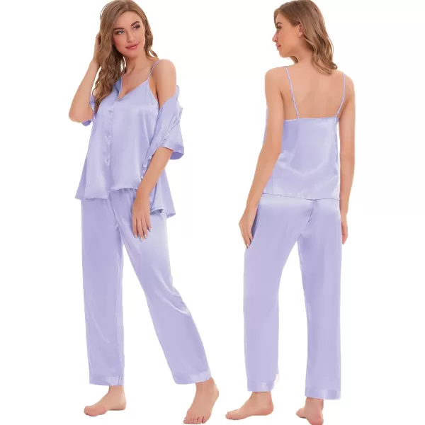 SWOMOG Womens Silk Satin Pajamas Sets 4pcs Sleepwear Sexy Cami Shorts Set and Button Down Short Sleeve Pjs LoungewearSolid Color Lavender