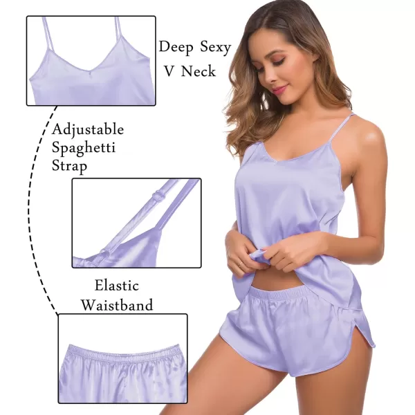 SWOMOG Womens Silk Satin Pajamas Sets 4pcs Sleepwear Sexy Cami Shorts Set and Button Down Short Sleeve Pjs LoungewearSolid Color Lavender