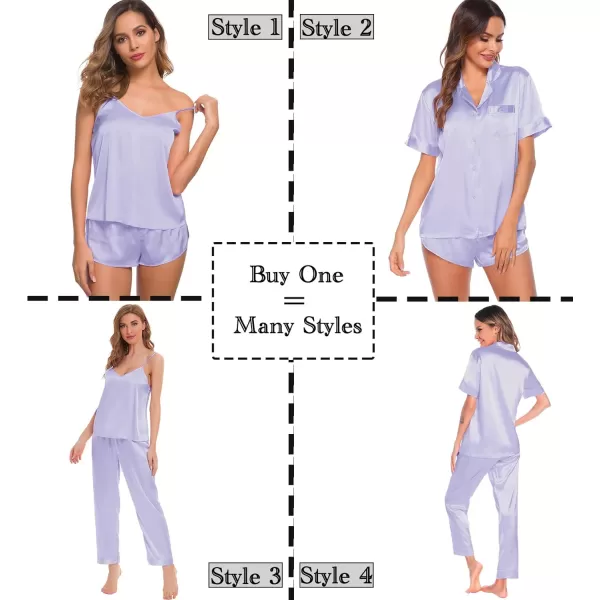 SWOMOG Womens Silk Satin Pajamas Sets 4pcs Sleepwear Sexy Cami Shorts Set and Button Down Short Sleeve Pjs LoungewearSolid Color Lavender