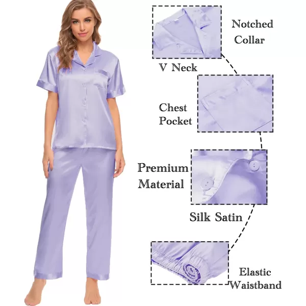 SWOMOG Womens Silk Satin Pajamas Sets 4pcs Sleepwear Sexy Cami Shorts Set and Button Down Short Sleeve Pjs LoungewearSolid Color Lavender