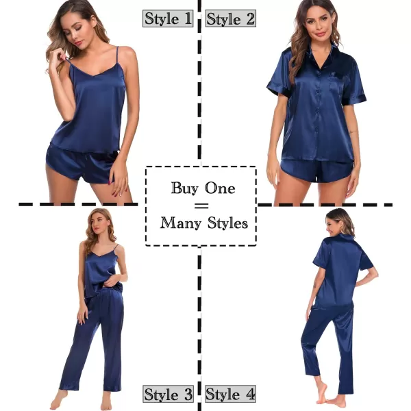 SWOMOG Womens Silk Satin Pajamas Sets 4pcs Sleepwear Sexy Cami Shorts Set and Button Down Short Sleeve Pjs LoungewearSolid Color Navy Blue