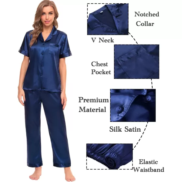 SWOMOG Womens Silk Satin Pajamas Sets 4pcs Sleepwear Sexy Cami Shorts Set and Button Down Short Sleeve Pjs LoungewearSolid Color Navy Blue