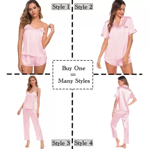 SWOMOG Womens Silk Satin Pajamas Sets 4pcs Sleepwear Sexy Cami Shorts Set and Button Down Short Sleeve Pjs LoungewearSolid Color Pink