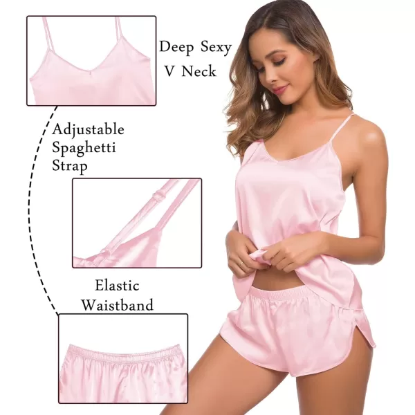 SWOMOG Womens Silk Satin Pajamas Sets 4pcs Sleepwear Sexy Cami Shorts Set and Button Down Short Sleeve Pjs LoungewearSolid Color Pink