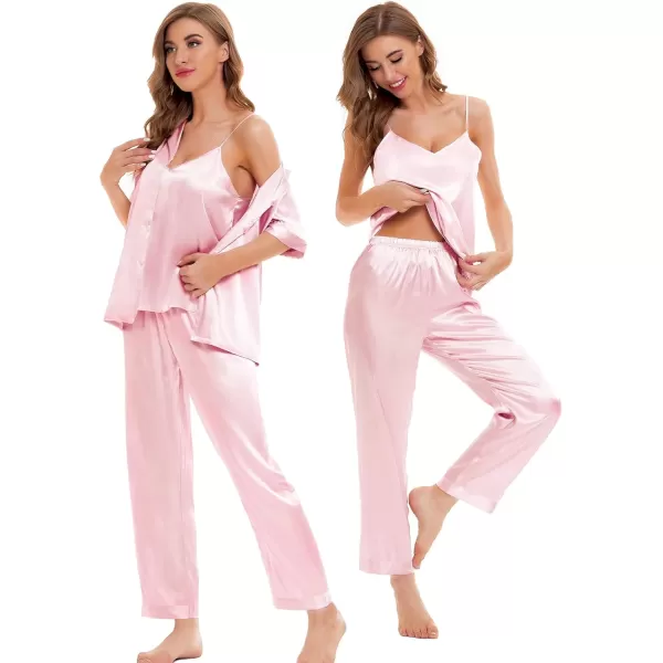 SWOMOG Womens Silk Satin Pajamas Sets 4pcs Sleepwear Sexy Cami Shorts Set and Button Down Short Sleeve Pjs LoungewearSolid Color Pink