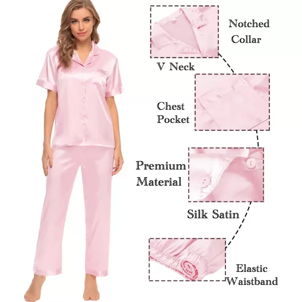 SWOMOG Womens Silk Satin Pajamas Sets 4pcs Sleepwear Sexy Cami Shorts Set and Button Down Short Sleeve Pjs LoungewearSolid Color Pink