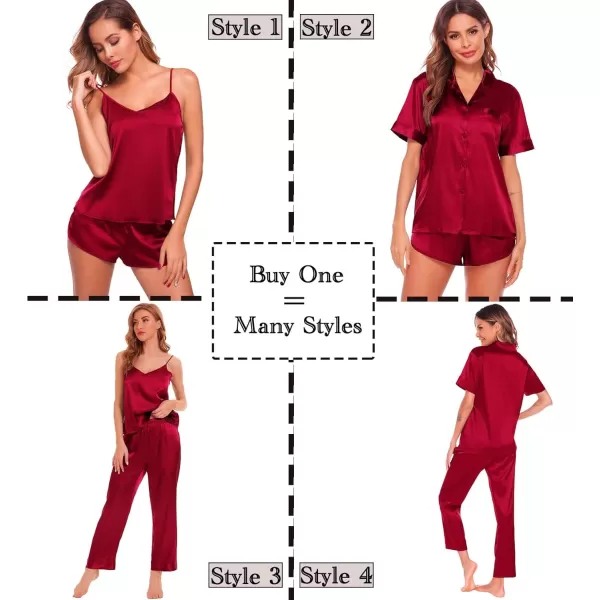 SWOMOG Womens Silk Satin Pajamas Sets 4pcs Sleepwear Sexy Cami Shorts Set and Button Down Short Sleeve Pjs LoungewearSolid Color Red