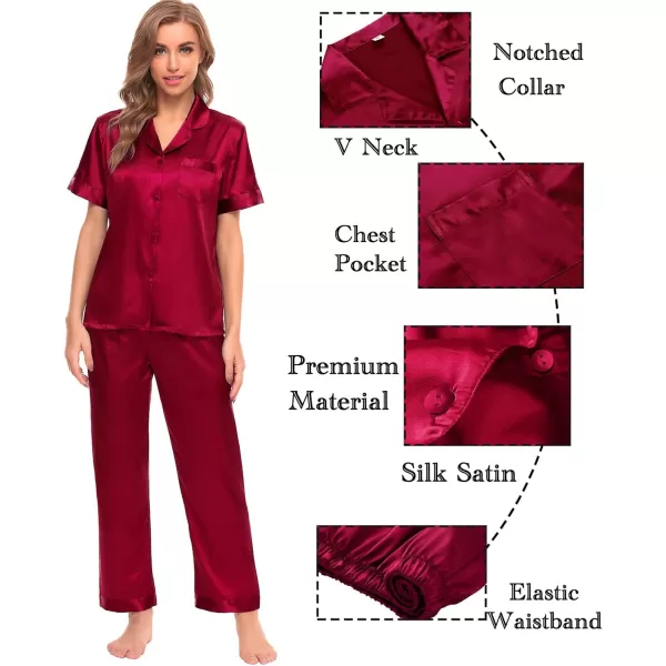 SWOMOG Womens Silk Satin Pajamas Sets 4pcs Sleepwear Sexy Cami Shorts Set and Button Down Short Sleeve Pjs LoungewearSolid Color Red