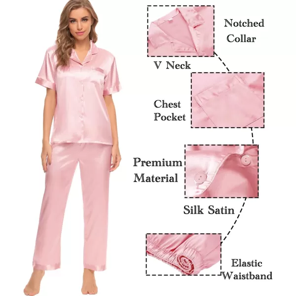 SWOMOG Womens Silk Satin Pajamas Sets 4pcs Sleepwear Sexy Cami Shorts Set and Button Down Short Sleeve Pjs LoungewearSolid Color Sakura Pink