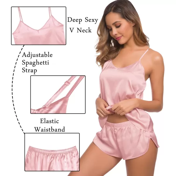 SWOMOG Womens Silk Satin Pajamas Sets 4pcs Sleepwear Sexy Cami Shorts Set and Button Down Short Sleeve Pjs LoungewearSolid Color Sakura Pink