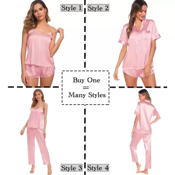 SWOMOG Womens Silk Satin Pajamas Sets 4pcs Sleepwear Sexy Cami Shorts Set and Button Down Short Sleeve Pjs LoungewearSolid Color Sakura Pink