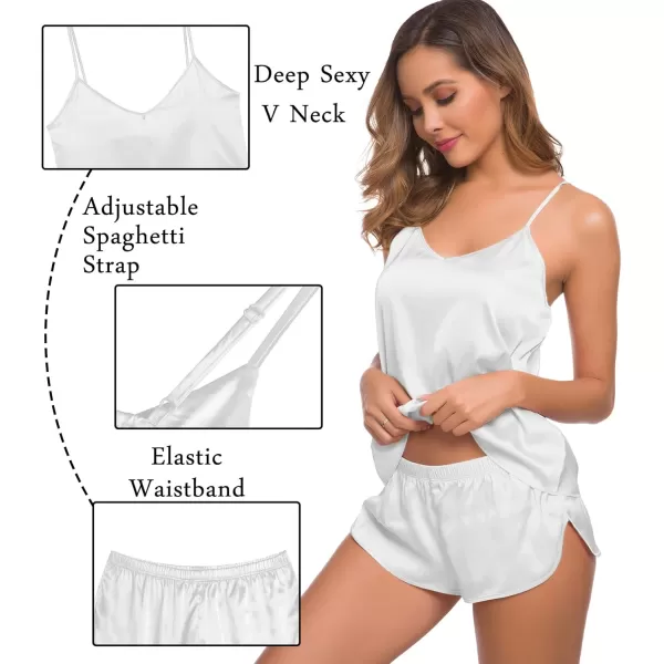 SWOMOG Womens Silk Satin Pajamas Sets 4pcs Sleepwear Sexy Cami Shorts Set and Button Down Short Sleeve Pjs LoungewearSolid Color White