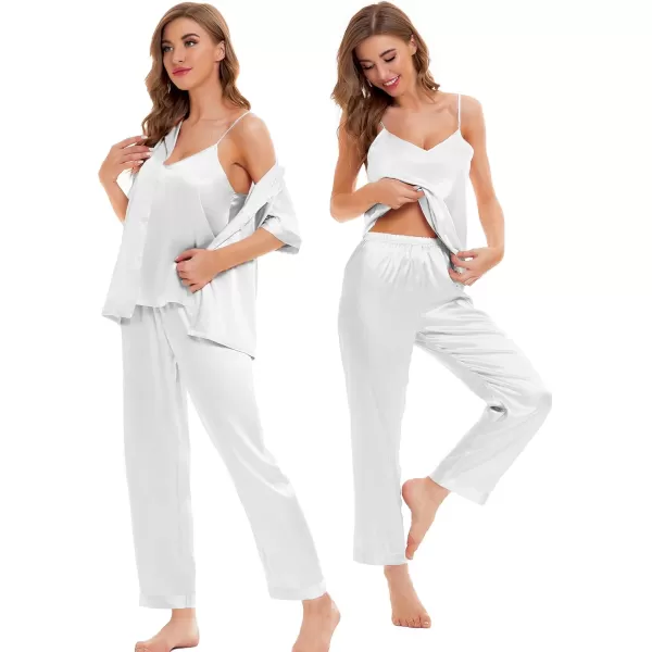 SWOMOG Womens Silk Satin Pajamas Sets 4pcs Sleepwear Sexy Cami Shorts Set and Button Down Short Sleeve Pjs LoungewearSolid Color White