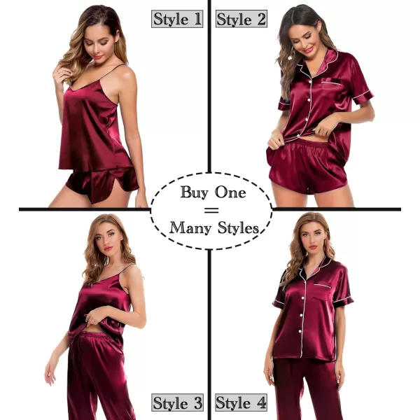 SWOMOG Womens Silk Satin Pajamas Sets 4pcs Sleepwear Sexy Cami Shorts Set and Button Down Short Sleeve Pjs LoungewearWine Red